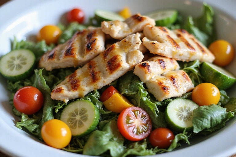 A colorful salad with mixed greens, cherry tomatoes, cucumber, bell peppers, and grilled chicken, representing a healthy meal.