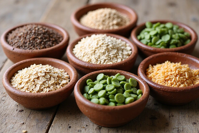 Various whole grains like quinoa, oats, brown rice, and lentils in separate bowls, highlighting a diet rich in complex carbohydrates.