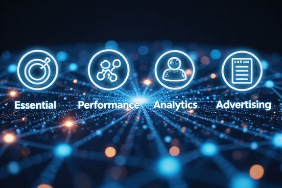 Digital representation of various cookie types, categorized with icons