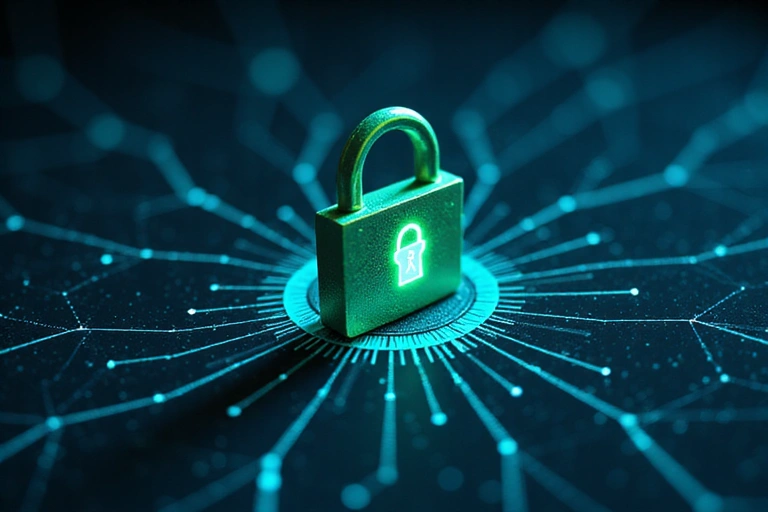 Padlock icon symbolizing data privacy and security, with abstract digital patterns in the background.